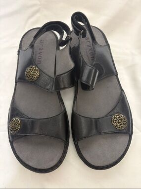 Aravon Black Leather Slingback Sandals with Decorative Gold Medallions